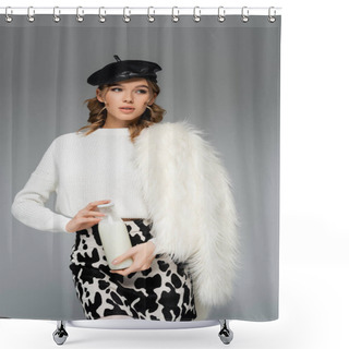 Personality  Pretty Woman In Beret, White Faux Fur Jacket And Skirt With Cow Print Holding Bottle With Milk Isolated On Grey Shower Curtains