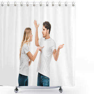 Personality  Emotional Young Couple Quarreling Isolated On White Shower Curtains