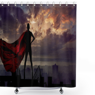 Personality  Portrait Of Young Hero Woman With Super Person Red Cape Guard City Shower Curtains