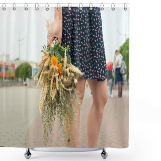 Personality  Young Woman Holds Motley Grass Bouquet During Macovei Celebratio Shower Curtains