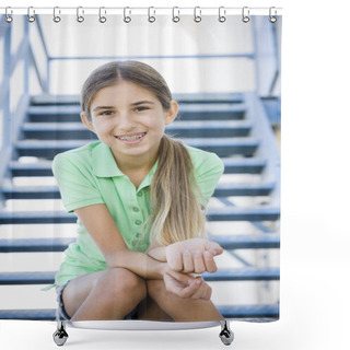 Personality  Portrait Of Smiling Tween Girl Sitting On Stairway Shower Curtains