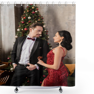 Personality  Wealthy Couple, Elegant Woman In Red Dress Looking At Husband In Tuxedo Near Christmas Tree Shower Curtains