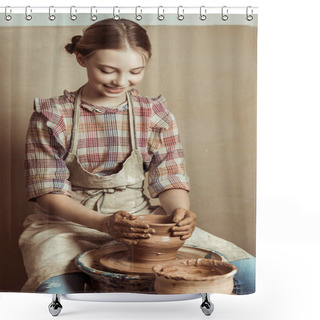 Personality  Front View Of Little Girl Making Pottery On Wheel At Workshop Shower Curtains