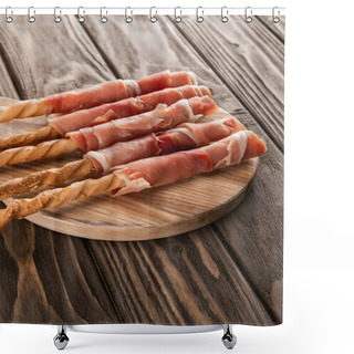 Personality  Delicious Meat Platter With Grissini And Prosciutto On Wooden Board Shower Curtains