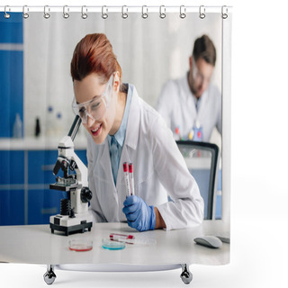 Personality  Selective Focus Of Smiling Genetic Consultant Doing Dna Test And Using Microscope In Lab  Shower Curtains