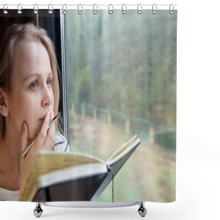 Personality  Young Woman On A Train Writing Notes Shower Curtains