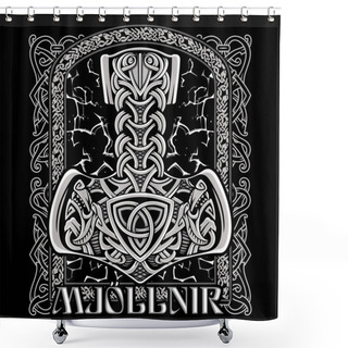 Personality  Ancient Scandinavian Design. Thors Hammer, Mjolnir, With Wolf Heads, Lightning And A Celtic-Scandinavian Pattern, Isolated On Black, Vector Illustration Shower Curtains