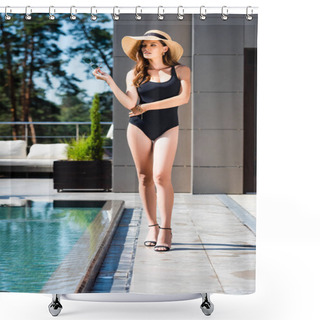 Personality  Beautiful Woman In Swimming Suit And Straw Hat Posing Near Swimming Pool Shower Curtains