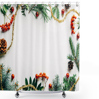 Personality  Flat Lay With Festive Arrangement Of Pine Tree Branches, Common Sea Buckthorn And Christmas Decorations On White Tabletop Shower Curtains