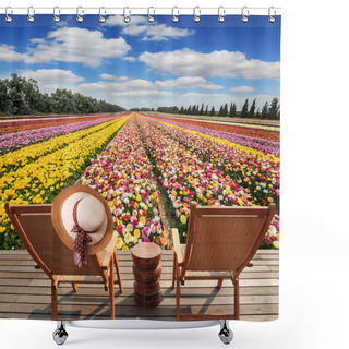 Personality  Deckchairs On Riverbank In Front Of Flowers Shower Curtains