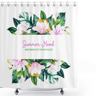 Personality  Horizontal Stripe Banner With Watercolor Floral Elements Shower Curtains
