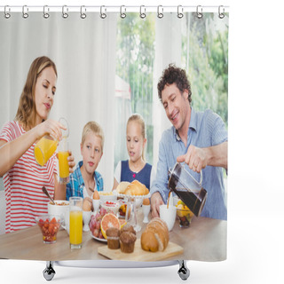 Personality  Parents Having Breakfast With Son And Daughter Shower Curtains