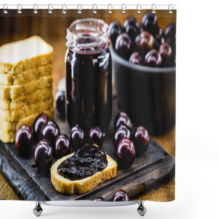 Personality  Toast With Grape Jam, On Rustic Wooden Table. Jabuticaba, Exotic Brazilian Fruit, Used In Cooking, As A Sweet. Shower Curtains