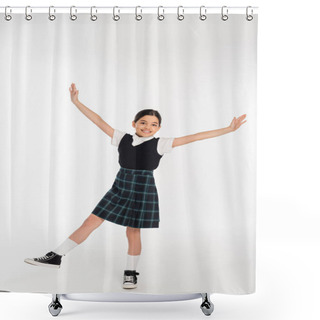 Personality  Excited Schoolgirl Standing With Outstretched Hands Isolated On White, Full Length, Happiness Shower Curtains