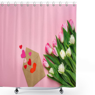 Personality  Top View Of Envelope With Paper Hearts Near Bouquet Of Tulips On Pink Surface Shower Curtains