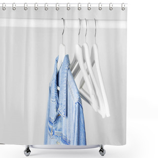 Personality  Blue Denim Jacket On White Wooden Coat Hanger On A Rod Against Light Gray Wall Flat Lay Copy Space. Denim, Fashionable Jacket, Women's Or Men's Trend Clothing, Fashion Background. Store Concept, Sale Shower Curtains