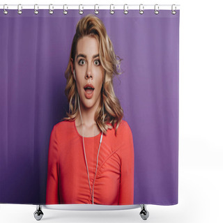 Personality  Shocked Girl Listening Music In Earphones While Looking At Camera On Purple Background Shower Curtains