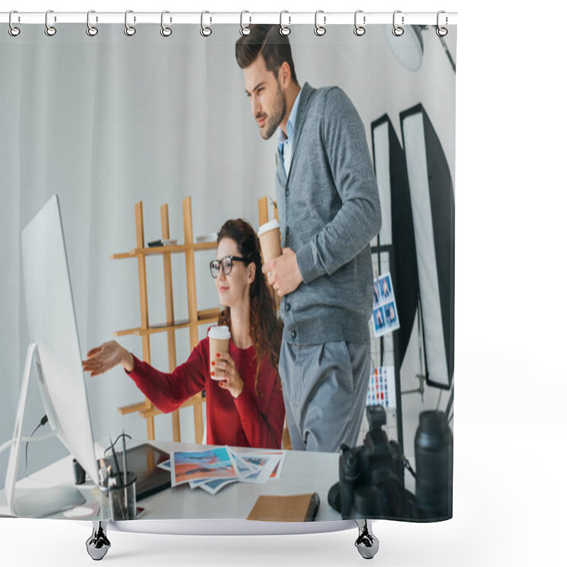 Personality  Photographers Looking On Computer Monitor Shower Curtains