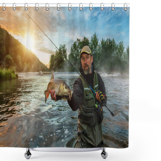 Personality  Sport Fisherman Holding Trophy Fish. Outdoor Fishing In River Shower Curtains