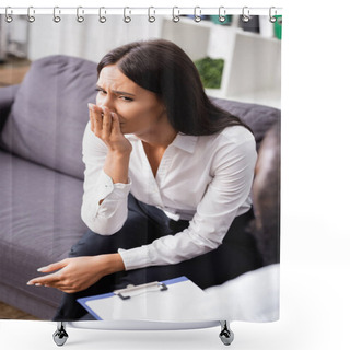 Personality  Selective Focus Of Upset Woman Covering Mouth With Hand While Sitting Near Psychologist In Hospital Shower Curtains