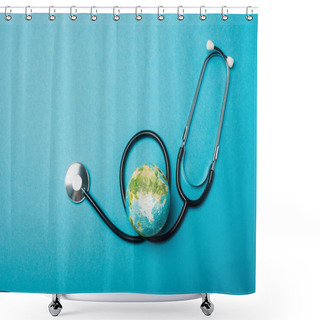 Personality  Top View Of Globe And Stethoscope On Blue Background, World Health Day Concept Shower Curtains