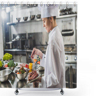 Personality  Attractive Chef Adding Herbs To Raw Steaks At Restaurant Kitchen Shower Curtains