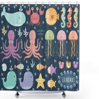 Personality  Vector Set Of Cute Sea Animals. Underwater Isolated Element Shower Curtains
