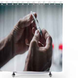 Personality  Cropped View Of Man Rolling Blunt With Medical Cannabis Shower Curtains