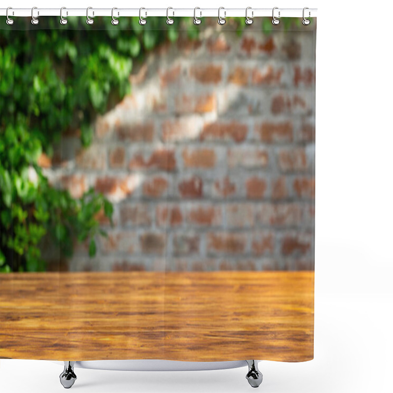 Personality  Brick wall background with wood table in front. shower curtains