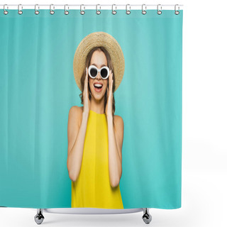 Personality  Positive Woman In Straw Hat And Sunglasses Isolated On Blue  Shower Curtains