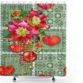 Personality  Hand Drawn Seamless Patchwork Pattern. Square Shape, Openwork Weaving. Christmas Background. Garland Of Winter Flowers Hellebore, Bright Leaves, Openwork Twigs, Shiny Decorations. Shower Curtains
