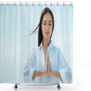 Personality  Asian Woman With Closed Eyes Doing Namaste Mudra Gesture Against Blue Sky Shower Curtains