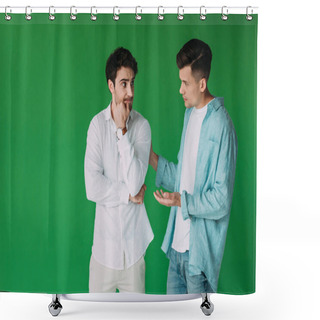 Personality  Young Man Supporting Scared Friend Isolated On Green Shower Curtains