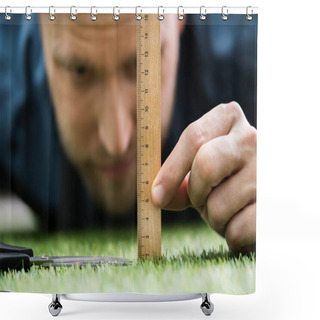 Personality  Close-up Of A Man Cutting Green Grass Measured With Ruler Shower Curtains
