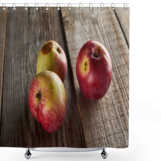 Personality  Apples With Small Rotten Spot On Brown Wooden Surface Shower Curtains