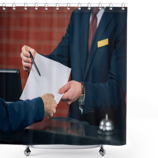 Personality  Cropped Shot Of Hotel Receptionist Giving Contract To Customer Shower Curtains