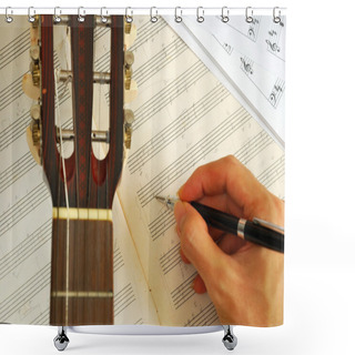 Personality  Guitar With Hand Composing Music On Manuscript Shower Curtains