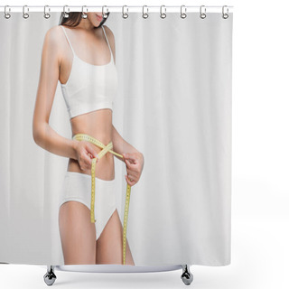 Personality  Cropped View Of Slim Girl In Underwear Measuring Her Waistline, Isolated On Grey Shower Curtains