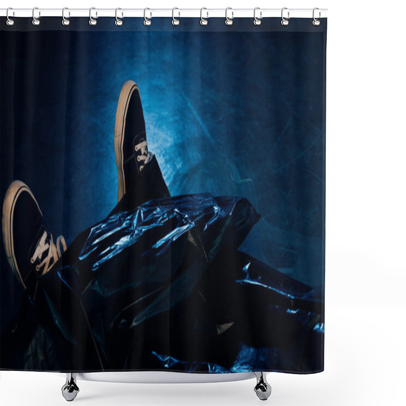 Personality  partial view of covered dead body at crime scene shower curtains