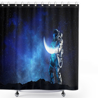 Personality  Spaceman Carry Moon Planet. Mixed Media Shower Curtains