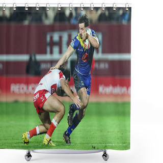 Personality  Toby King Of Warrington Wolves Is Tackled By Tyrone May Of Hull KR During The Betfred Super League Round 4 Match Hull KR Vs Warrington Wolves At Sewell Group Craven Park, Kingston Upon Hull, United Kingdom, 7th March 202 Shower Curtains