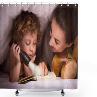 Personality  Mother And Son Reading Book Under Blanket Shower Curtains