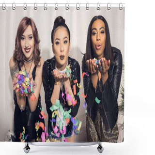 Personality  Young Multiethnic Girls Blowing Confetti Shower Curtains