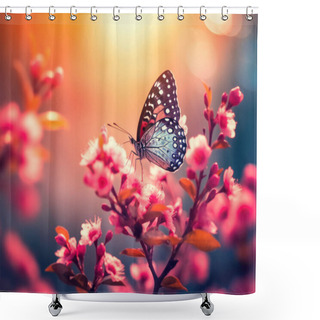Personality  Nature Background With Flowers And Butterfly In Spring Morning Shower Curtains