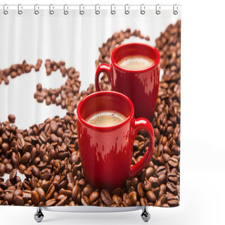 Personality  Two Red Espresso Cups With Coffee Beans Shower Curtains