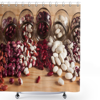 Personality  Multi-colored Beans Are Poured Out Of Jars On The Table. White, Red And Colored Beans. Background Shower Curtains