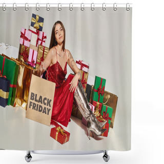 Personality  Attractive Woman Sitting Next To Presents Showing Shopping Bag At Camera, Black Friday Concept Shower Curtains