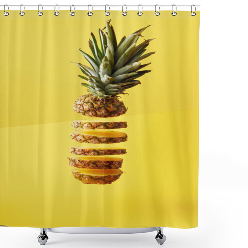 Personality  Close Up View Of Cut Pineapple Exotic Fruit On Yellow Background Shower Curtains