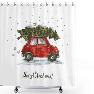 Personality  Vintage Vector Winter Greeting Card With Red Retro Car Shower Curtains