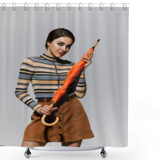 Personality  Young Woman In Long Sleeved Turtleneck And Skirt Posing With Bright Umbrella Isolated On Grey  Shower Curtains